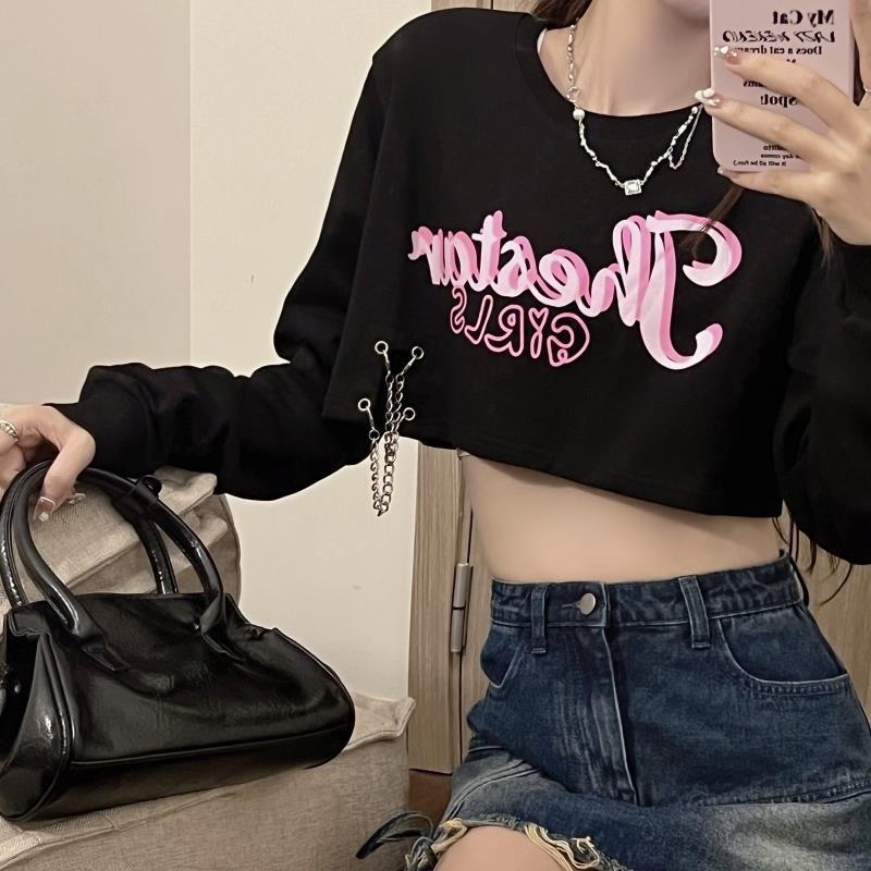 New Fall Women'S Monogram Print Ultra Short Crop Sweet Hoodie Women'S Design Sense Niche Top