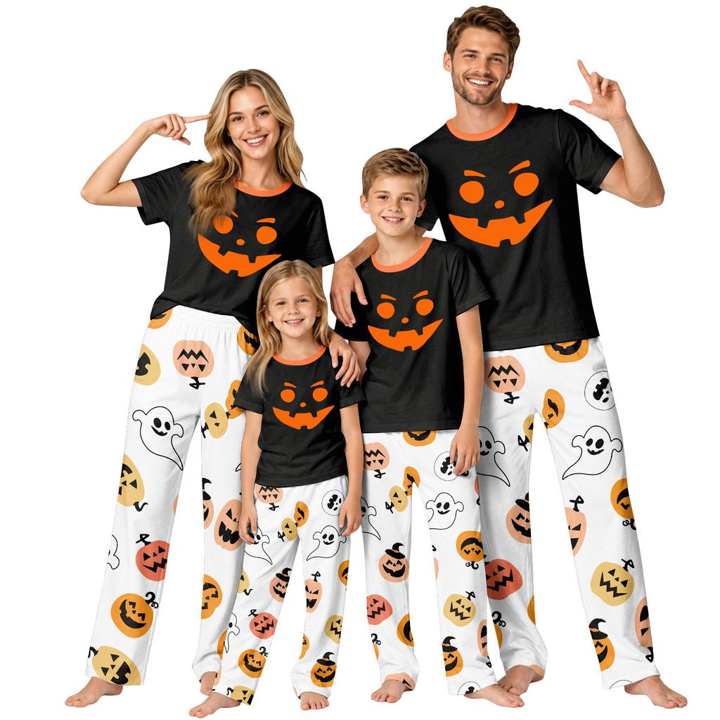 Family Matching Halloween Printed Loungewear Set Short Sleeve Top and Pants for Couples and Kids