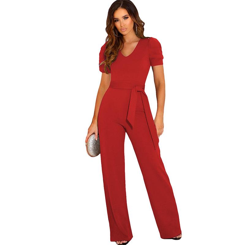 Combinaison Élégante d'Été 2025 pour Femmes - Col en V, Ceinture à Nouer, Couleur Unie, Manches Courtes, Pantalon Long Large