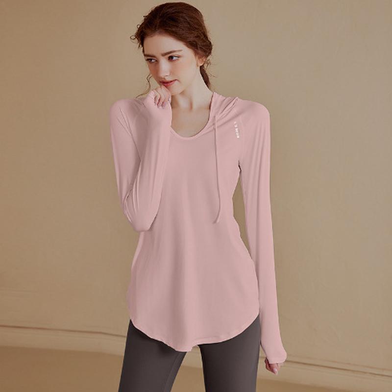Abbigliamento da yoga a maniche lunghe con cappuccio sottile da donna, per sport all'aria aperta, jogging, top largo per il tempo libero, traspirante, ad asciugatura rapida, tinta unita
