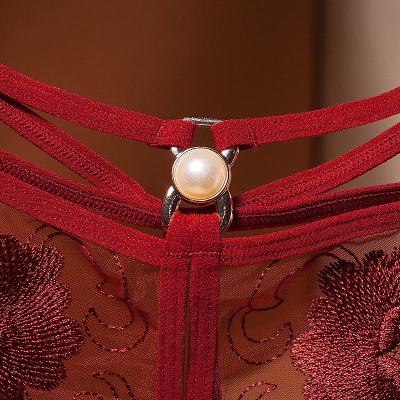 Women's Sexy Lace-Up Mesh Embroidered Thong with Pearl Detail and Open Crotch