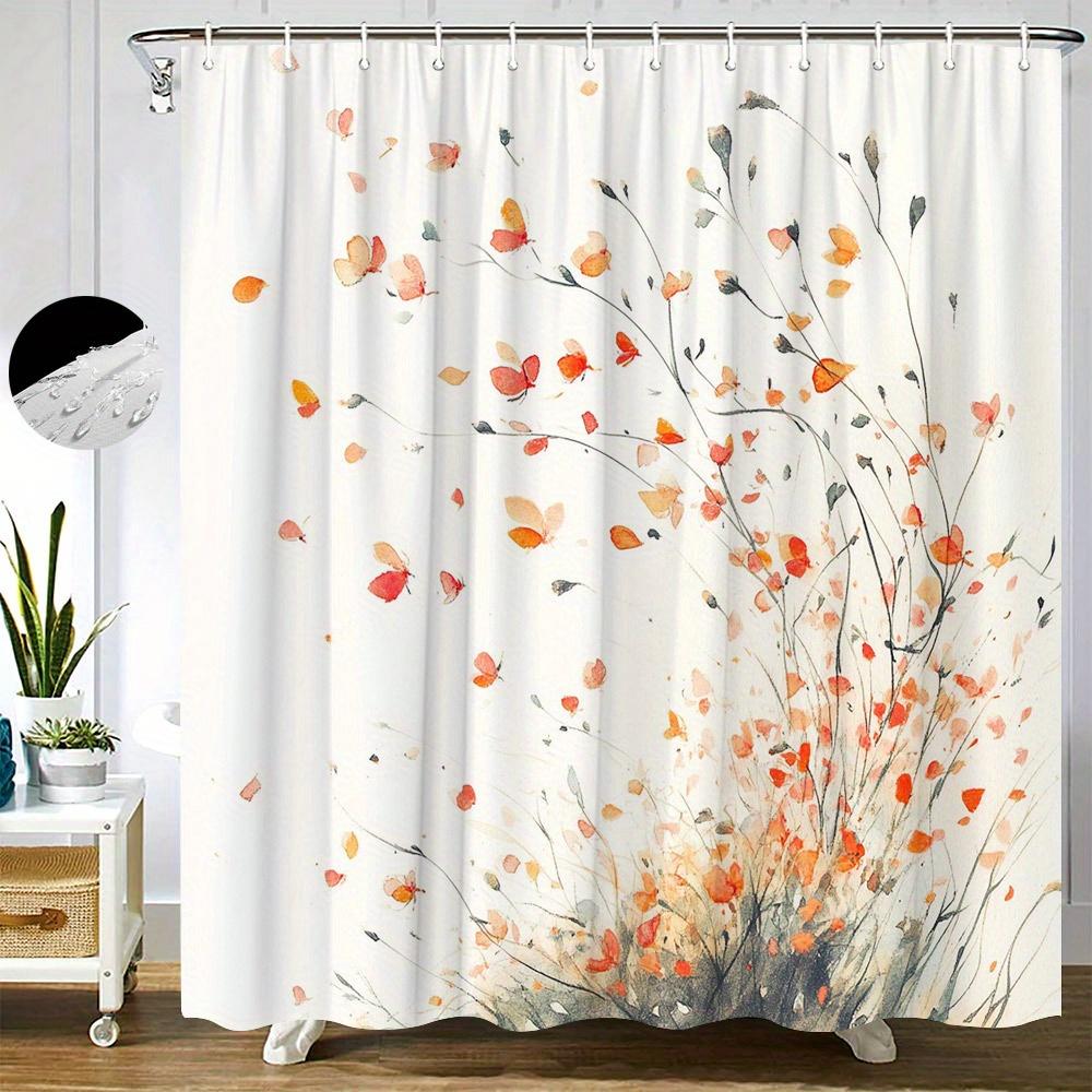 1pc Watercolor Whimsical Tree Shower Curtain - Orange & Red Flowers On Creamy White Background, Polyester Fabric with 12 Hooks,