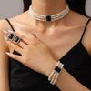 Hepburn Retro Faux Pearl & Gemstone Jewelry Set: Multi-Layer Choker, Bracelet, & Stud Earrings for Women