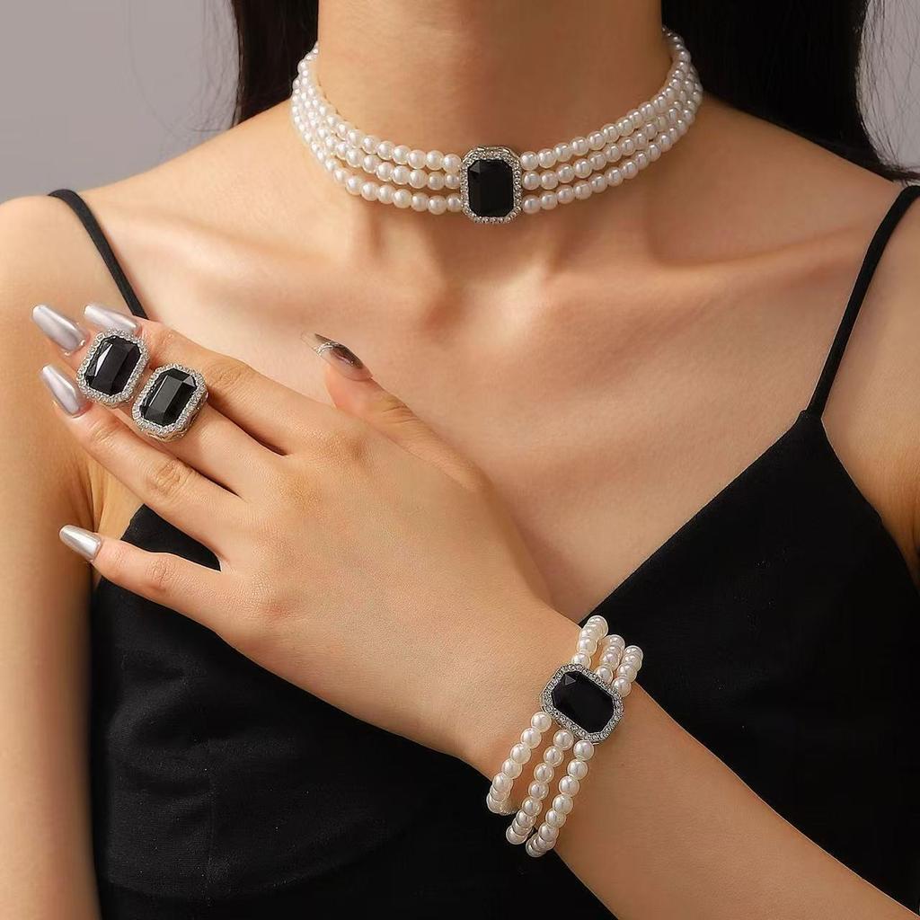 Hepburn Retro Faux Pearl & Gemstone Jewelry Set: Multi-Layer Choker, Bracelet, & Stud Earrings for Women