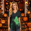 Women’s V Neck Short Sleeve Top with Halloween House Print and Functional Pocket for Healthcare Professionals