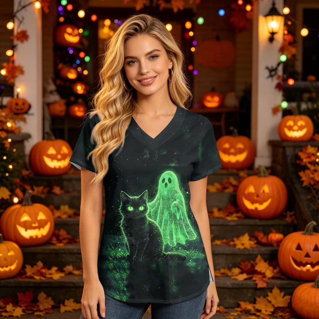 Women’s V Neck Short Sleeve Top with Halloween House Print and Functional Pocket for Healthcare Professionals