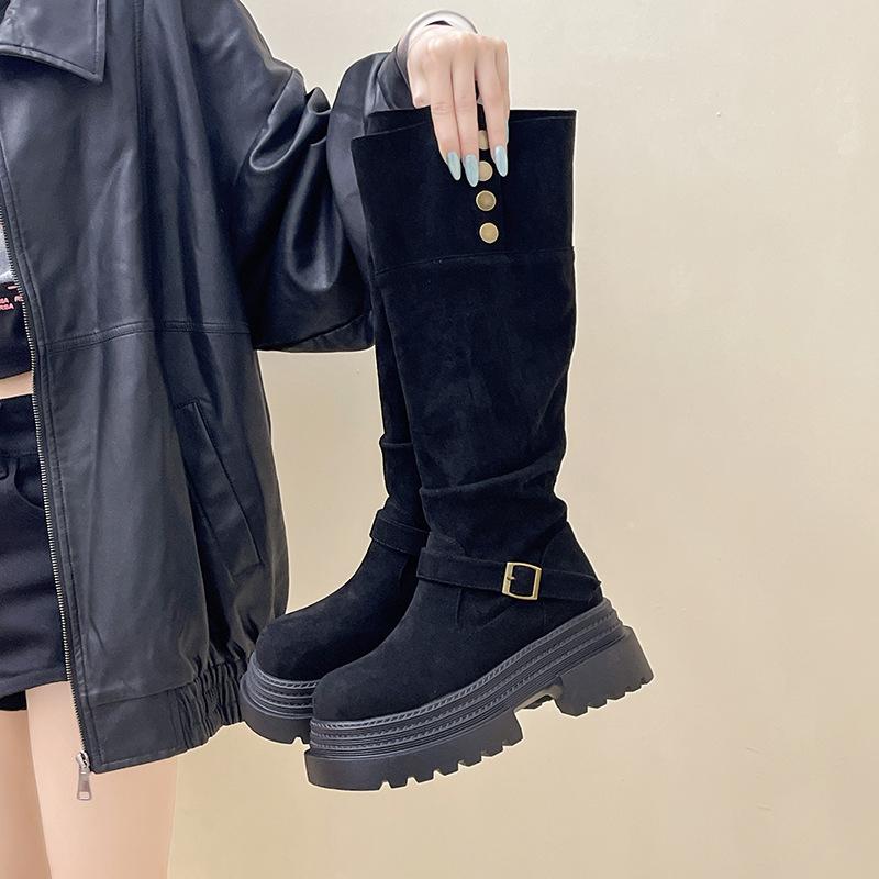 Retro British Style Thick-heeled Thick-soled Boots for Women's Autumn and Winter Fashion Versatile Suede and Thin Two Wear High-heeled Knight Boots
