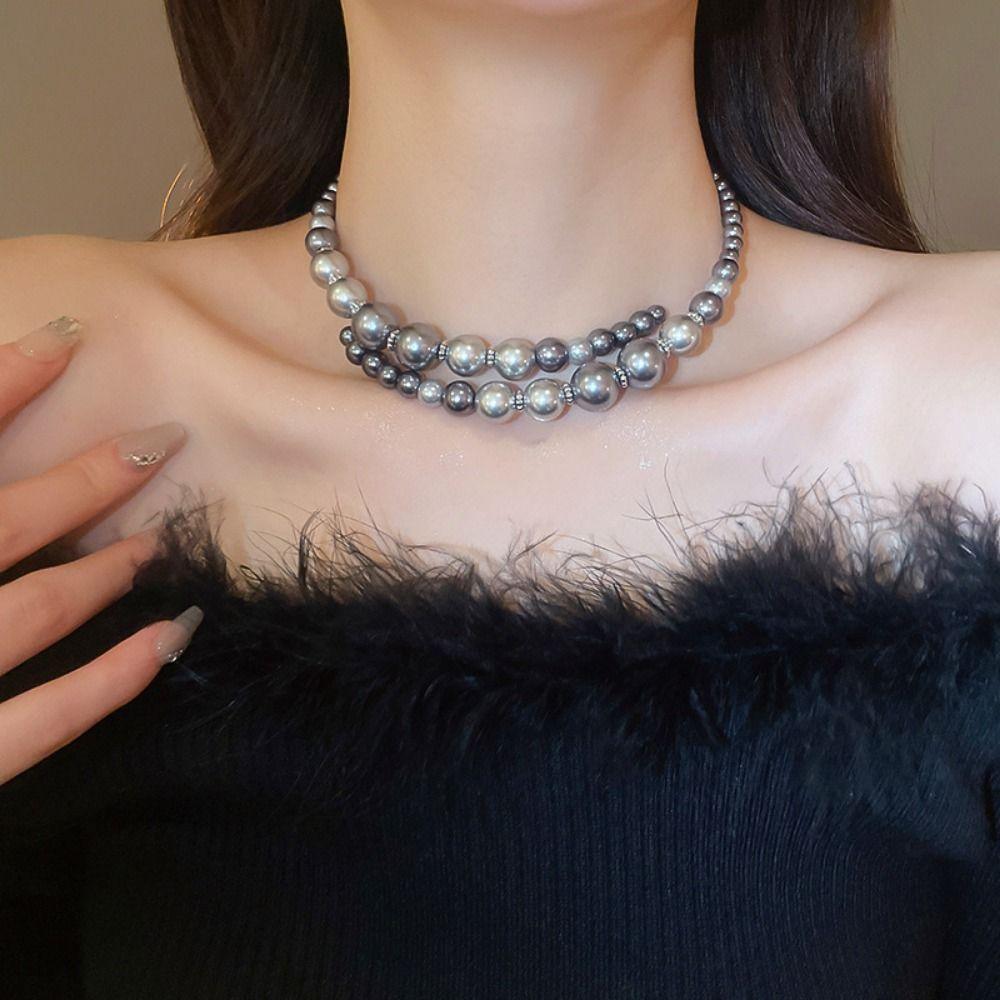 Temperament Glass Pearl Openning Necklace Retro Neck Accessories Clavicle Chain  Jewelry Gifts