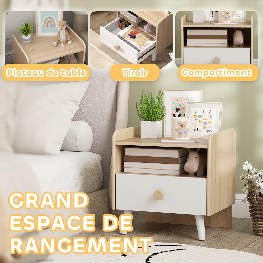 Kids Bedside Table with Drawer and Open Storage Shelf, Wooden Nightstand for Bedroom, Bedside Cabinet, White