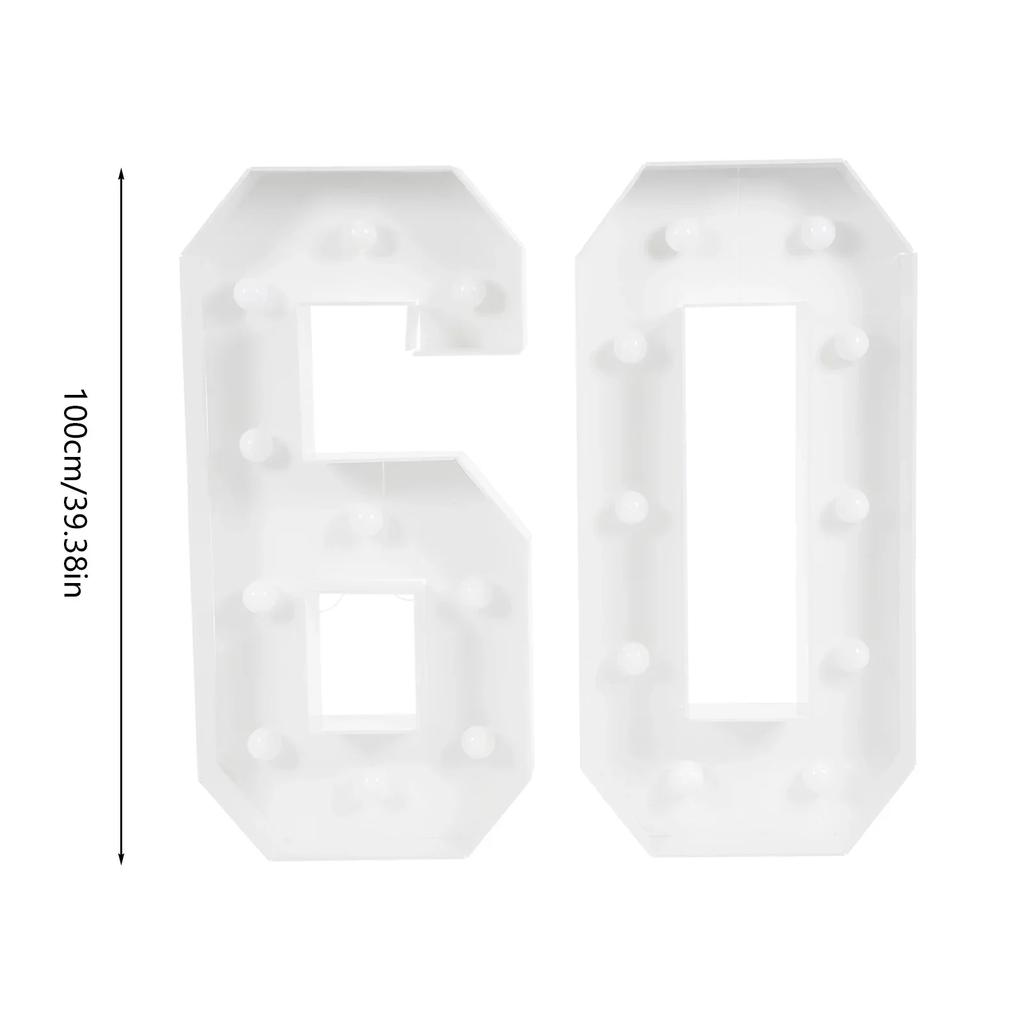 Double-sided Light-up Number 60 LED Strip with Battery Box, LED Bulbs, 60th Birthday Party Decoration Lights, KT Board, White
