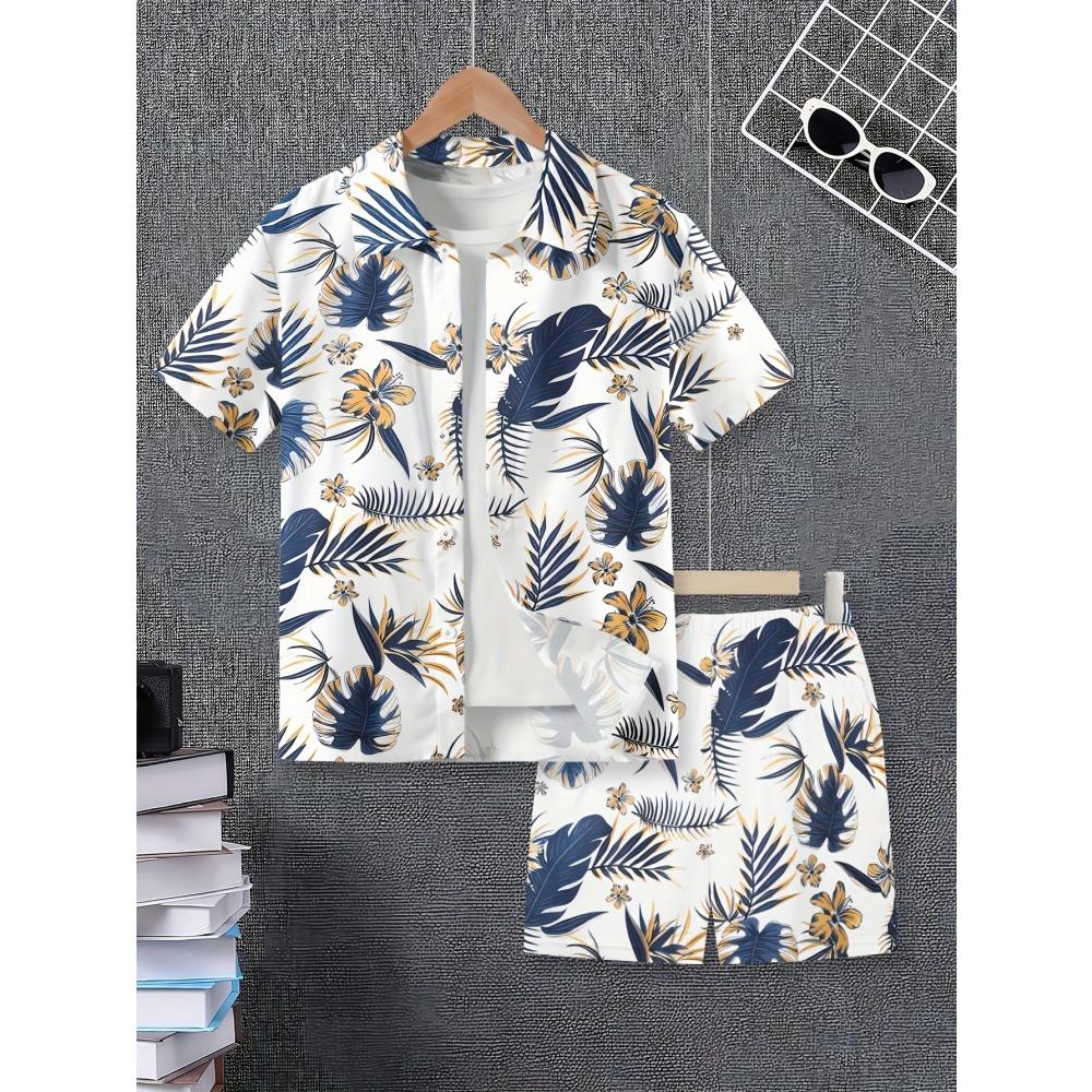 Men's Short-sleeve Shirt Printed Vacation-style Shirt Hawaiian Shirt Set Men's Fashion Loose Shirt and Shorts Set