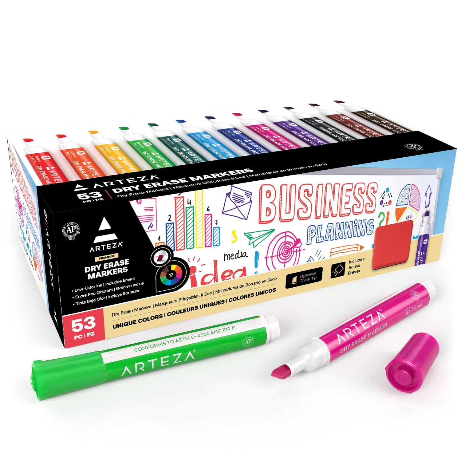 

ARTEZA Eraser Dry Erase Ideal for and Home Markers, 52-Pack (Chisel Tip), Low-Odor Ink, 12-Color Set, School, Office,