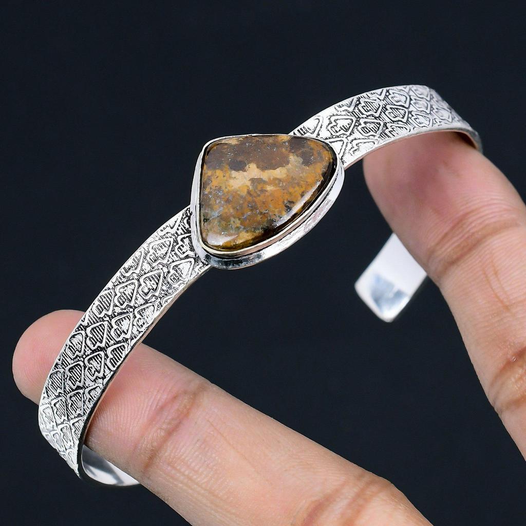 925 Silver Pear Natural Bronzite Mother Artisan Elegant Ethnic Bangle Jewelry
