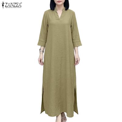 Womens V-Neck Solid Color Casual 3/4 Sleeve Loose Long Dress