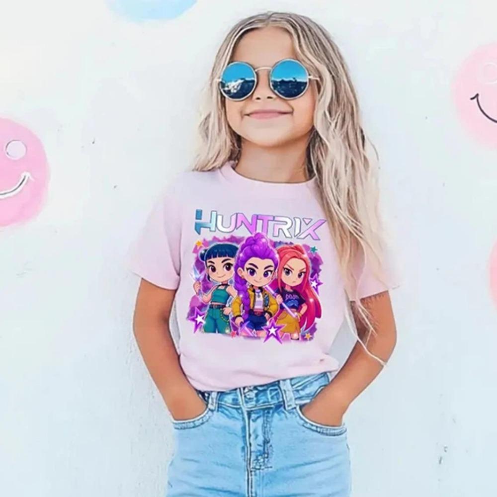 Summer Kids T-shirt Kpop Demon Hunters Pattern Print Short-sleeved Tops Tees Casual Girl T-shirt Kids Streetwear