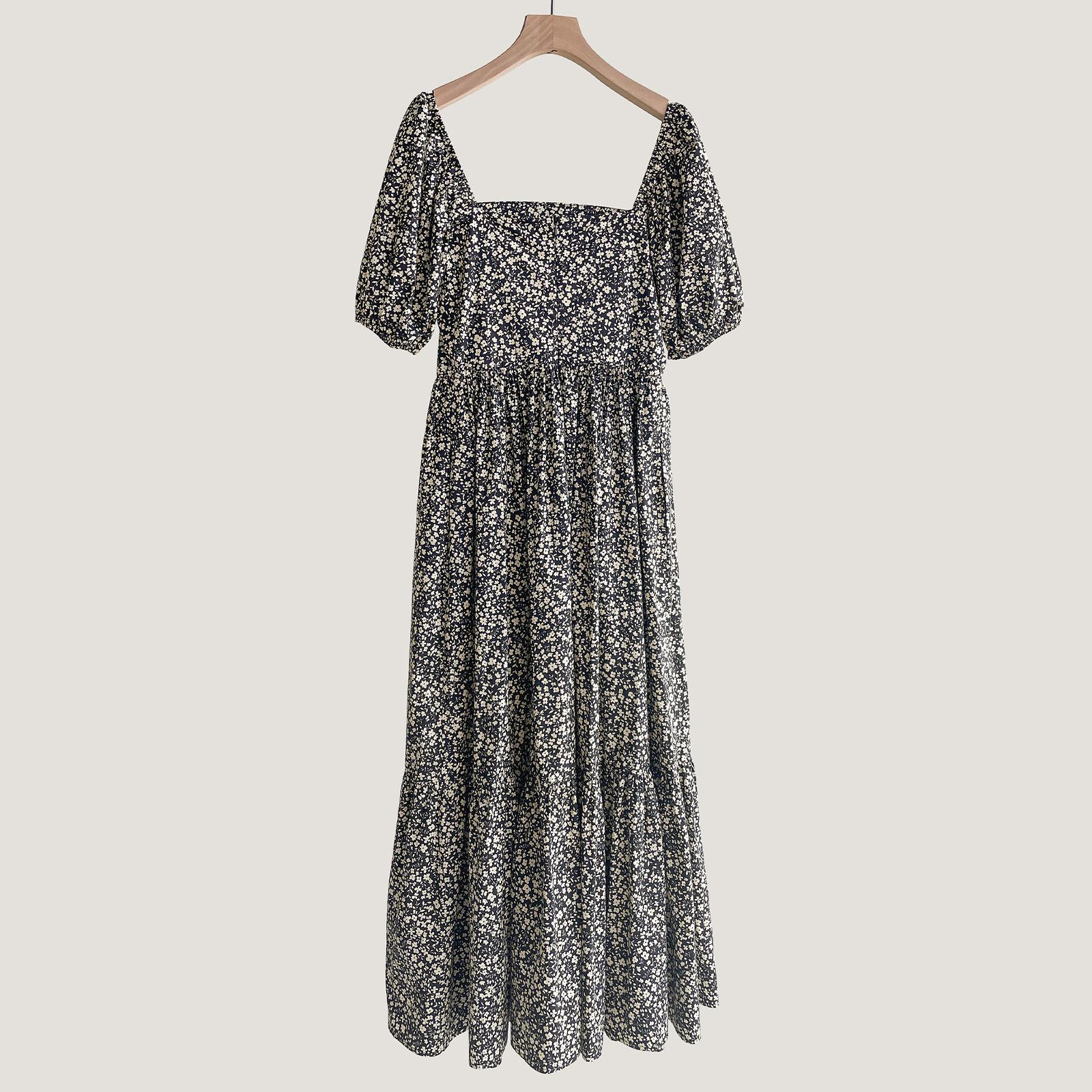 

French Hepburn Style Floral Bubble Long Dress - Summer Clearance, No Returns Large