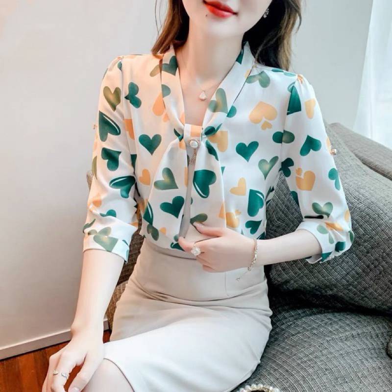 

YYFS Женская мода Повседневная Лето Весна Love Letter Print Блузки и рубашки с рукавами 3/4 XXXXL