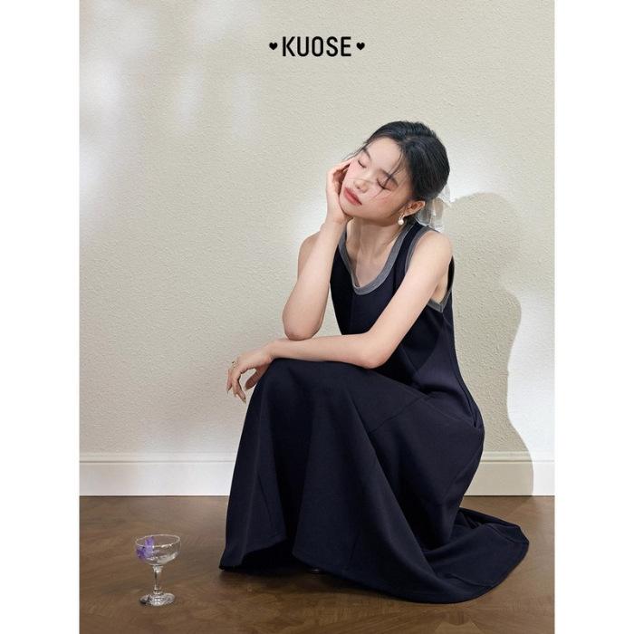 

Sleeveless knitted vest dress dark blue women s summer new temperament inside with waist long skirt average size One size fits all