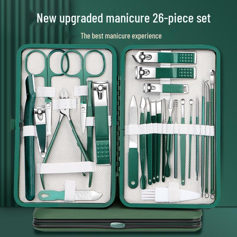 

26-Piece Manicure Set: Dark Green Slant-Mouth Nail Clippers & More