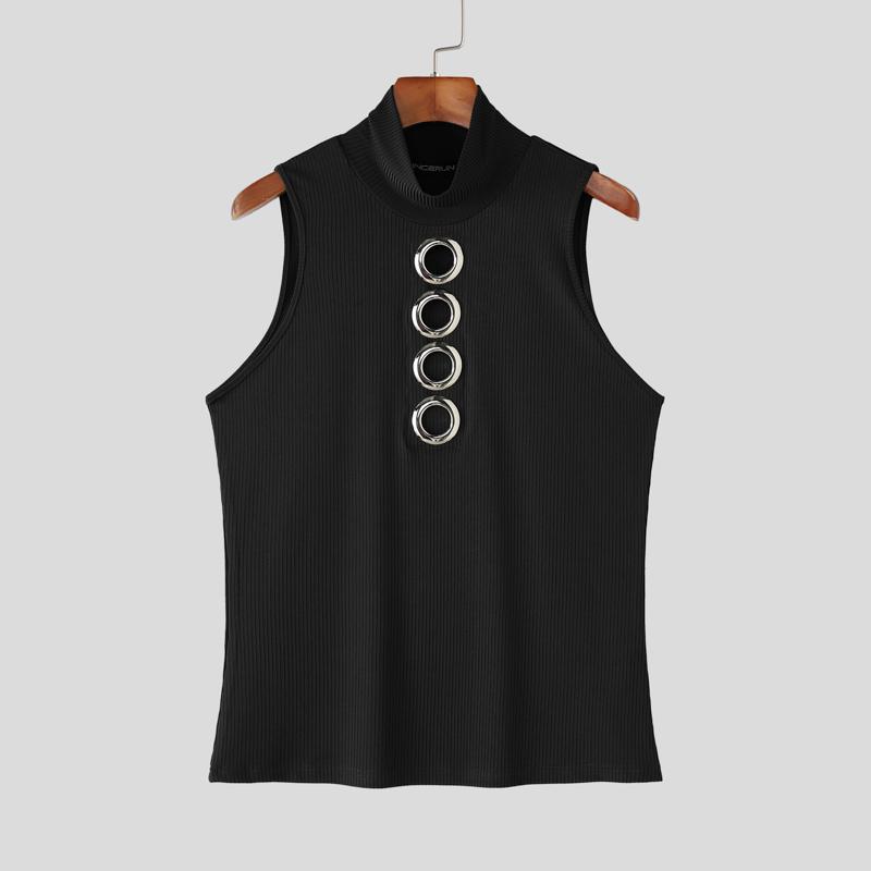 

INCERUN Summer Men Mockneck Sleeveless Hollow Out Casual Rib Tank Tops