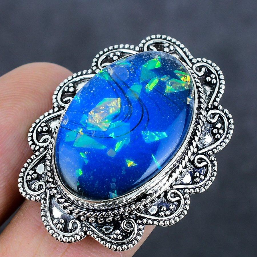 Natural Blue Triplet Opal Gemstone 925 Sterling Silver Jewelry Ring Size 8 u5z73