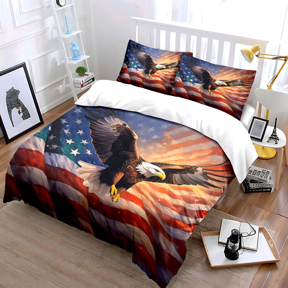 Adler fliegt mit amerikanischem Flaggenaufdruck Weiche bequeme Bettbezug Bettwäsche-Set Enthalten 1*Bettbezug 2*Kissenbezüge