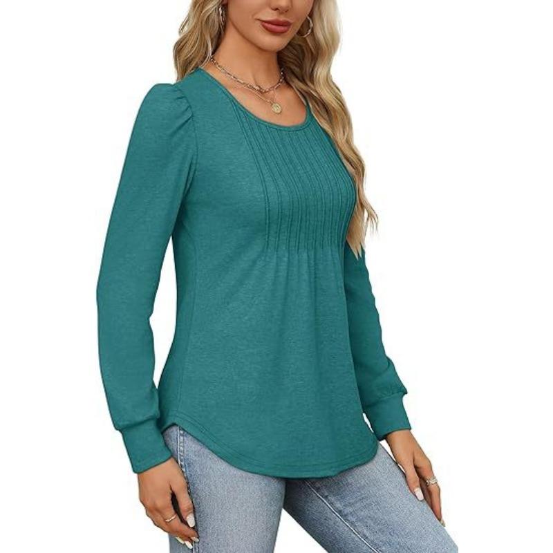 Women's Blouse Bubble Sleeve Drawstring Ruffle Round Neck Long Sleeve Top