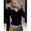 Women's Striped Color Block Fake Two-Piece Long Sleeve Button-Up Top