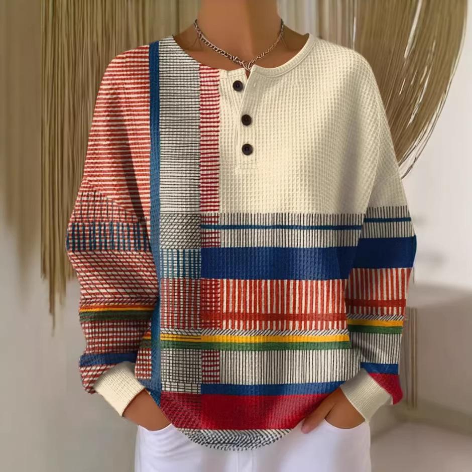Women's Crew Neck Long Sleeve Waffle Knit Henley Top Loose Fit Casual Sweatshirt