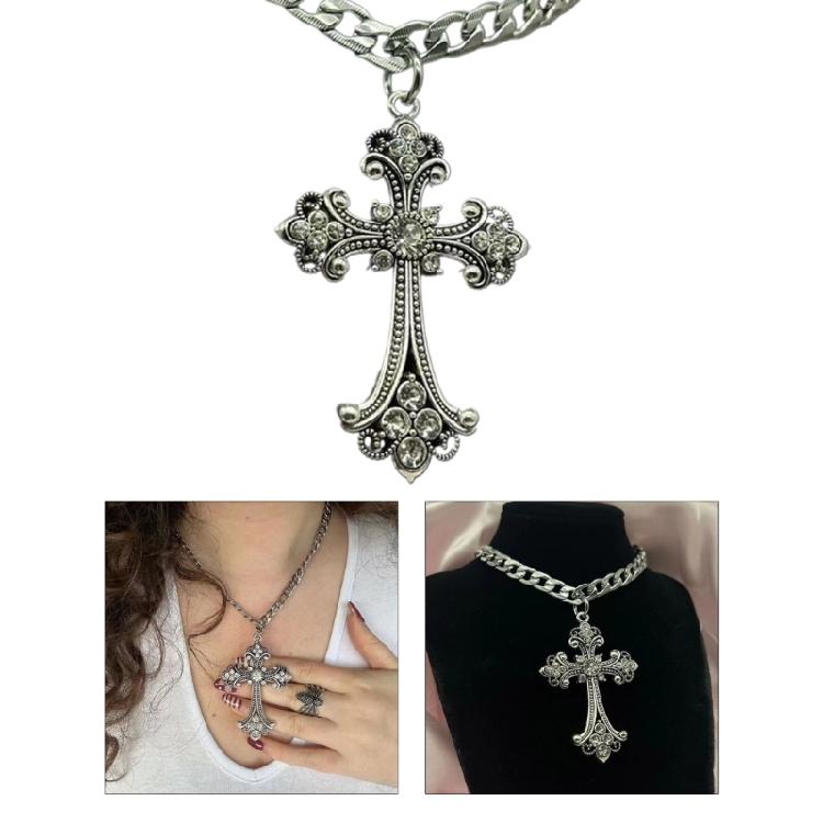 Cross Necklace Silver Color With Crystals Gothic Crucifix Symbol Unisex Jewelry