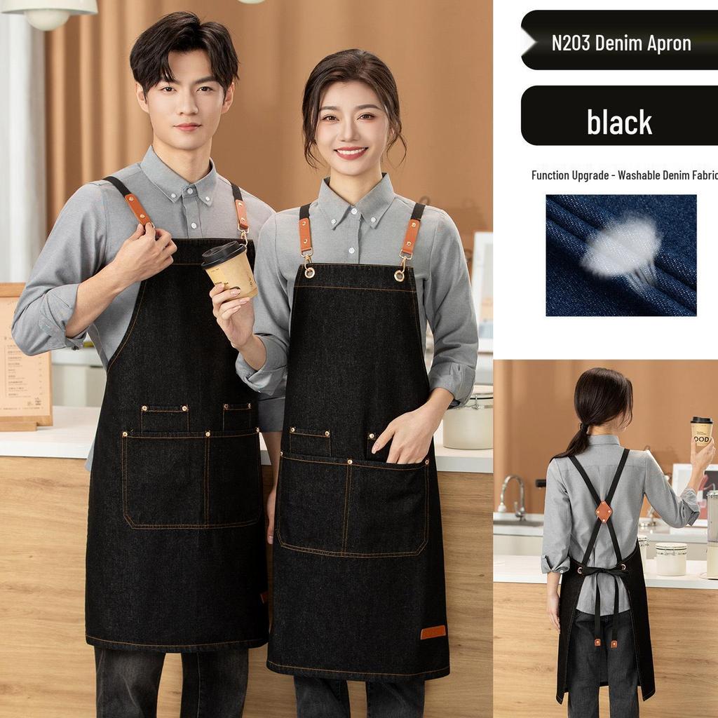 Waterproof Oil-Proof Fashion Denim Apron for Adults - Perfect for Kitchen, Catering, and Coffee Shop Work
