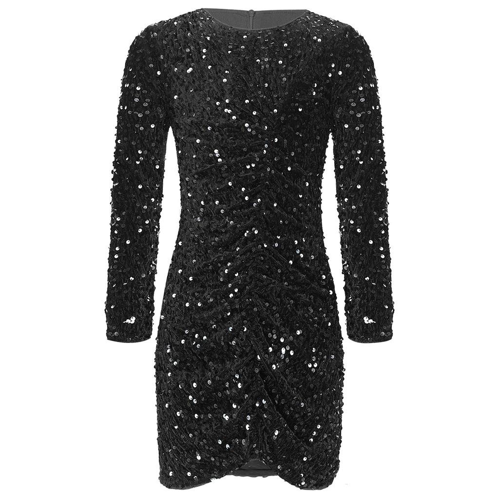 Girls Glitter Sequin Party Dress Long Sleeve Velvet Ruched Front Bodycon Gown for Birthday Prom