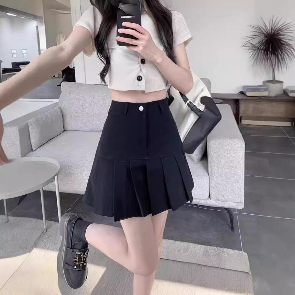 High-Waist Black Pleated A-Line Skirt for Women, Summer 2024 - Anti-Exposure & Slimming Design