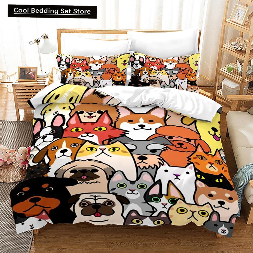 Cartoon Dog King Queen Duvet Cover Lovely Illustrated Pet Puppy bedding set  Animal Quilt Cover 2/3pcs Polyester Comforter Cover