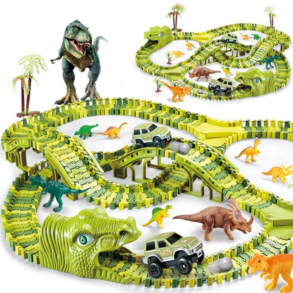 

Interesting DIY Racing Track Set Green Rail Car Toy Set Creative Dinosaur Railway Toys Kids Rail Car