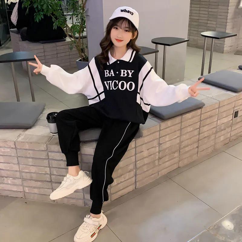 

Весенняя мода для девочек: Модный спортивный костюм-двойка контрастного цвета для отдыха и спорта для детей 150 cm чёрный