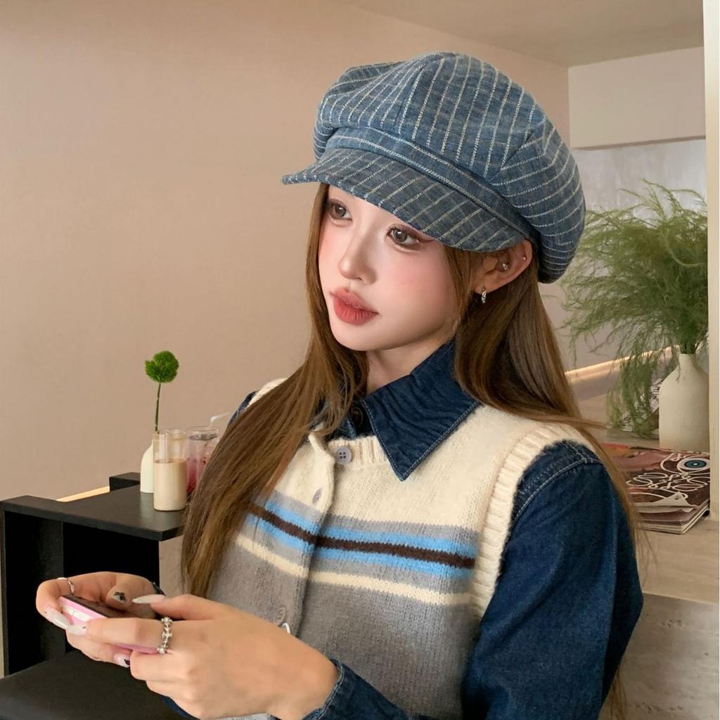 Fashion retro plaid literary temperament breathable octagonal hat outdoor travel comfortable versatile cap