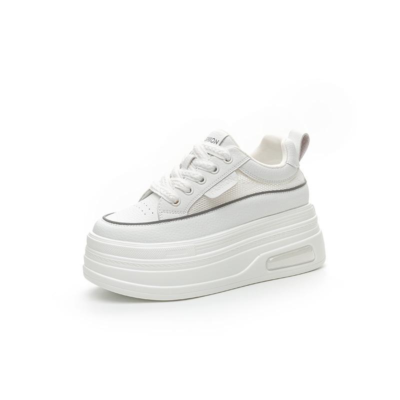 8CM inner height-increasing board shoes women's 2025 summer new leather thick-soled mesh breathable white shoes small size casual shoes