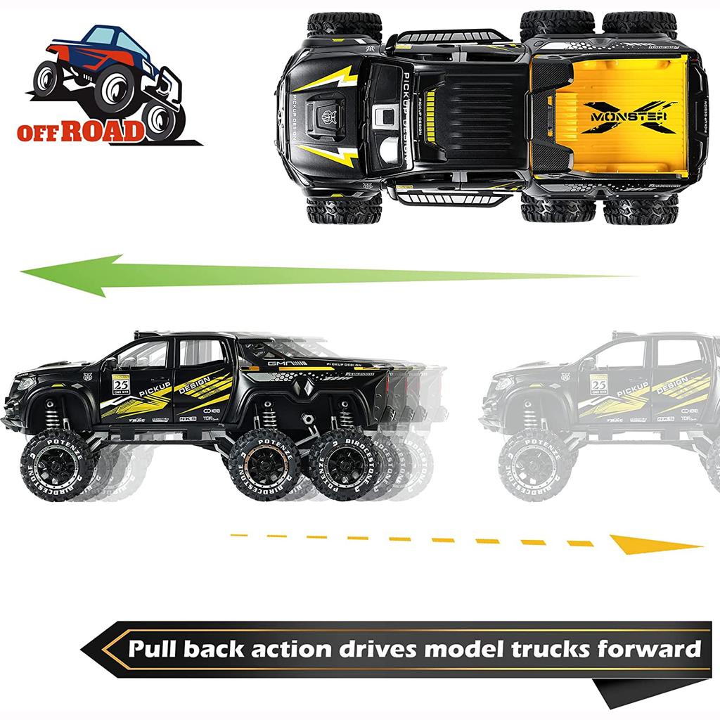 1/24-skala X-klasse 6x6 terrenggående DieCast Metal-modellbiler, pickup Monster Trucks Leketøy Remontert modellbil med lyd og lys for barn fra 3 år og oppover