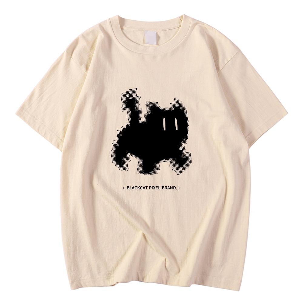 

Korean Fashion Womens T-Shirts Black Cat Pixel Cartoons Printing Tops Comfortable Soft O-Neck Loose Short Sleeve Female Clothes 100