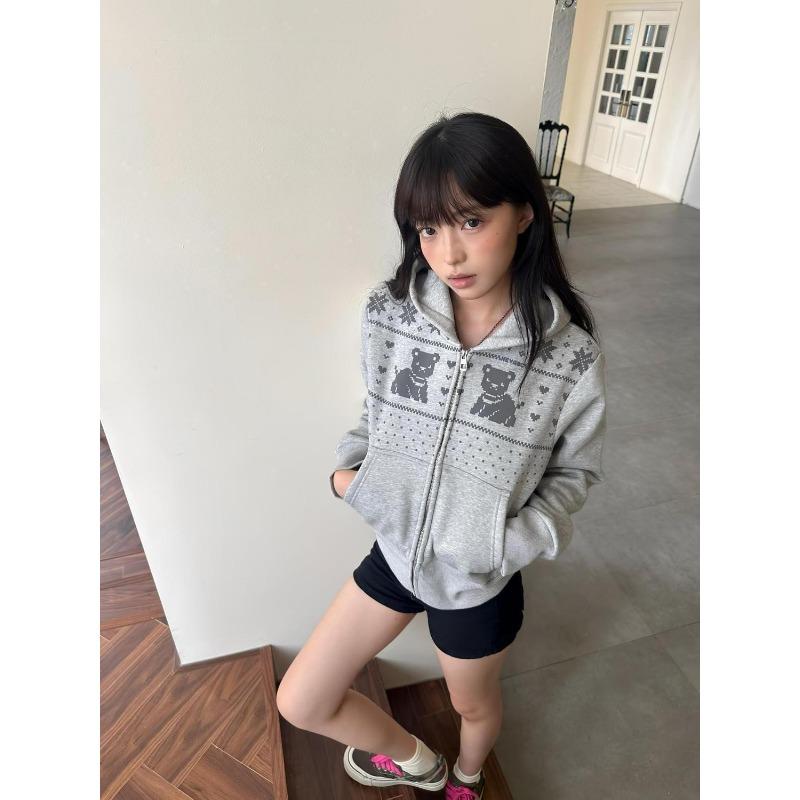 Cárdigan Retro Americano Sudadera con Capucha Mujer Otoño Suelto Versátil Casual Top Chaqueta