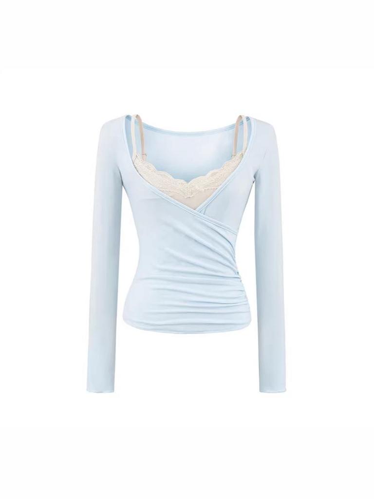 Women's Sexy Lace Camisole & Deep V-Neck T-Shirt Two-Piece Set