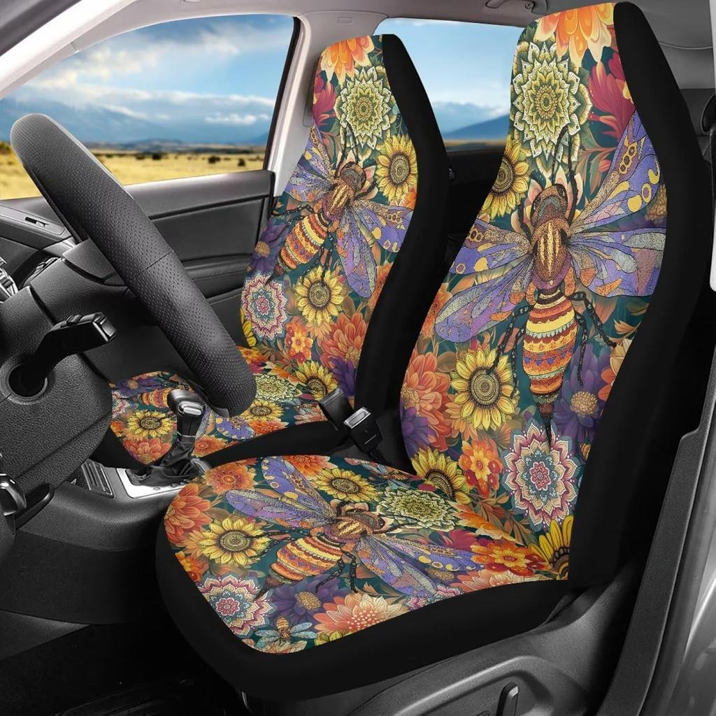 Bulopur Black Boho Floral Car Seat Covers Front Seats Only for Women Men Seat Covers w/Organizer Pocket for Cars SUV Truck Sedan