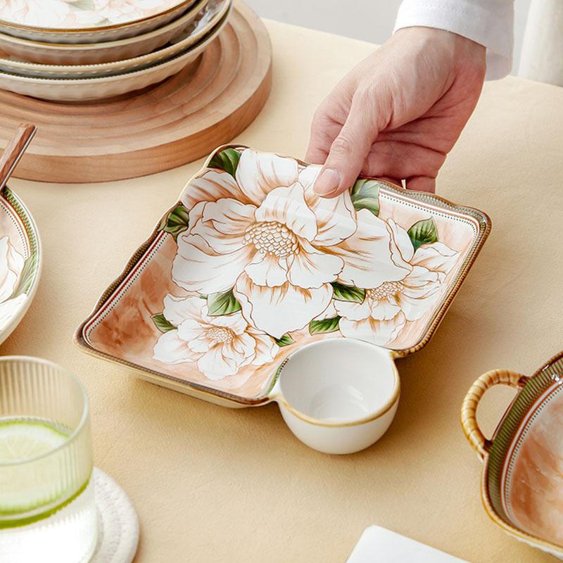 Floral Pattern Dumplings Plates Household 7.5 Inch Underglazed Colour Kitchen Tableware with Vinegar Dish Aesthetic Square Plate