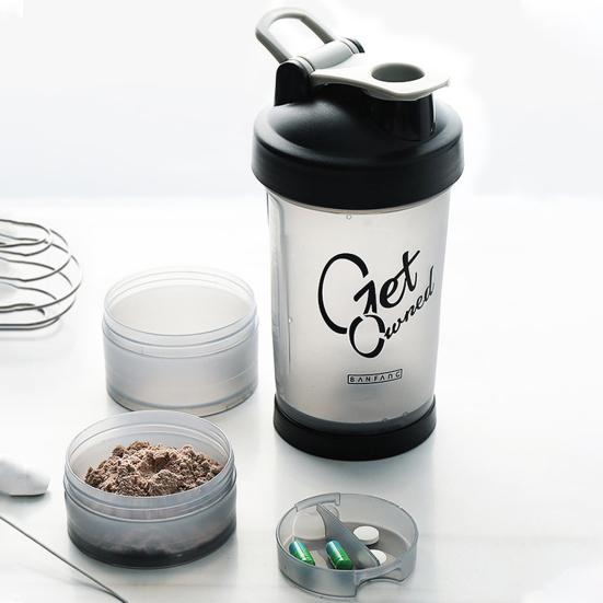 1 Set 500ml Shaker Bottle Large Capacity Leak Proof Drop-resistant Anti-slip with Handle Protein Mixer Sports Water Bottle with Pill Tray Fitness Use