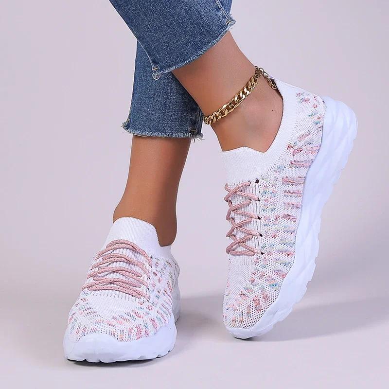 Fashion Mixed Color Knitted Platform Sneakers Women Spring Summer Casual Thick Sole Sports Shoes Woman Lace Up Non Slip Walking Shoes
