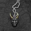 3D Carved Red-Faced Hannya Mask Pendant Necklace with Black Cotton Cord