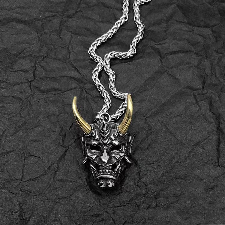 3D Carved Red-Faced Hannya Mask Pendant Necklace with Black Cotton Cord