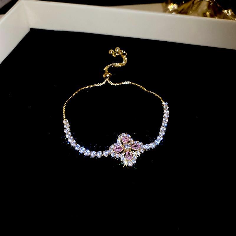 Pulsera coreana ajustable de flor de rombo de circón - Joyería elegante y versátil para mujer