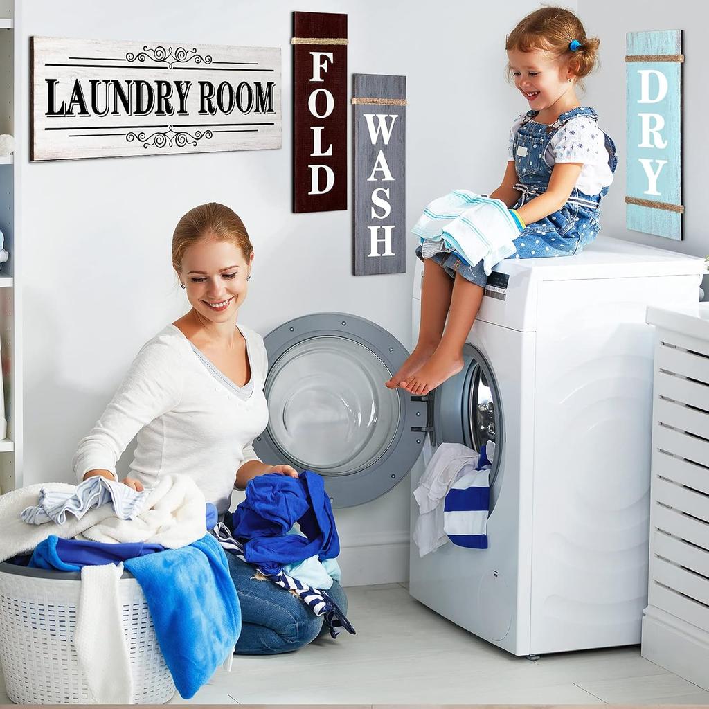 4 Pieces Home Vintage Laundry Room Canvas Wall Art, Laundry Rules Prints Signs Framed, Rustic Bathroom Laundry Room Decor Retro Wash Wall Art for